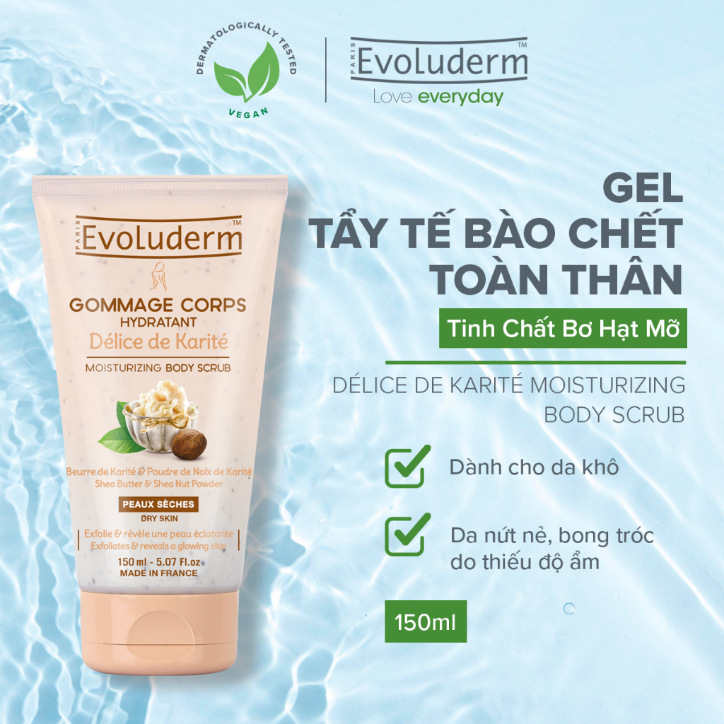 Gel tẩy tế bào chết toàn thân tinh chất bơ hạt mỡ Karite Evoluderm 150ml