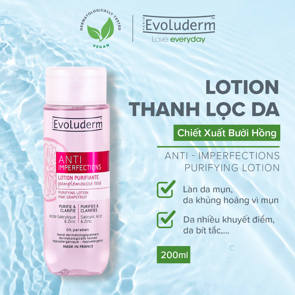 Nước Lotion cân bằng cho da giúp ngăn ngừa khuyết điểm chiết xuất bưởi hồng cho da nhờn và da mụn Evoluderm 200ml