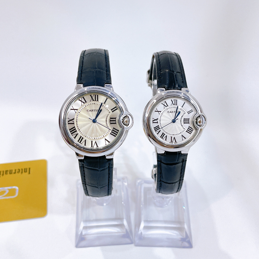 Đồng hồ nam nữ dây da Cartier size 33 - 36mm, máy pin, kính Mineral, chống nước sinh hoạt, 3 kim, giây,phút,giờ