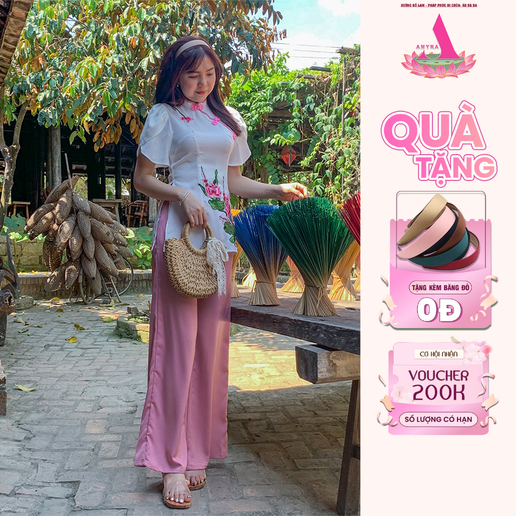 Bộ bà ba nữ lụa cách tân thêu hoa, đi chùa, đi lễ hội cao cấp hiện đại- Đồ lam hiện đại, đồ bà ba cách tân lụa SL12