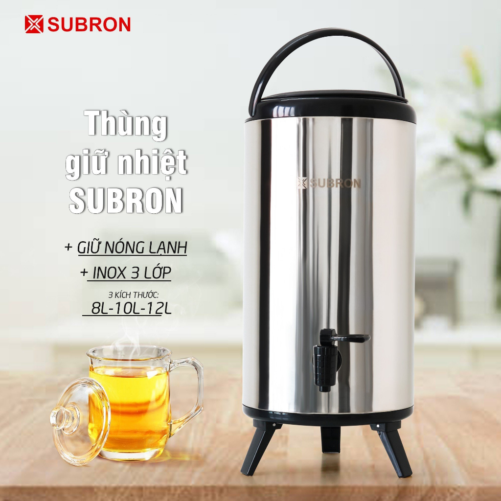 (HCM) Thùng giữ nhiệt inox ủ trà sữa 3 lớp giữ nóng lạnh Subron 8L/ 10L/ 12L, bình ủ trà, bình giữ nhiệt