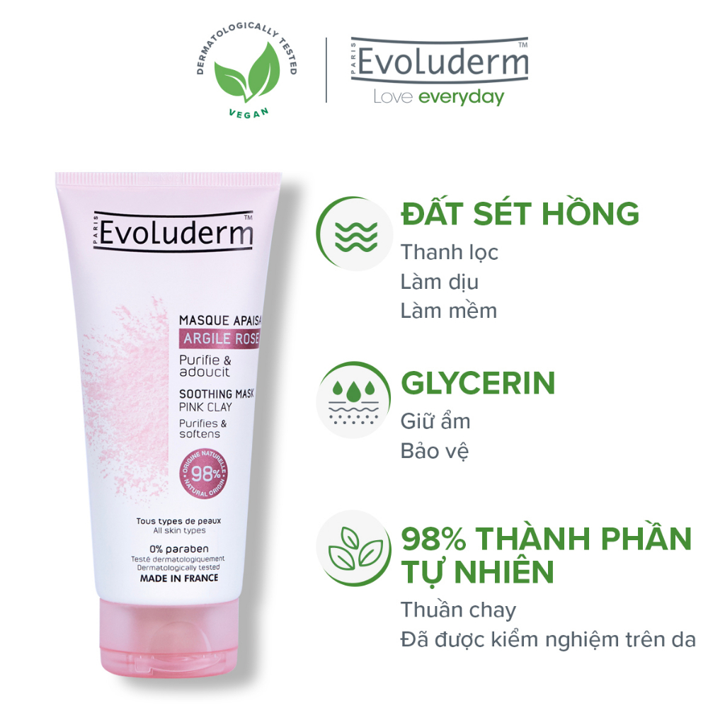 Mặt nạ làm dịu da Evoluderm tinh chất đất sét hồng 100ml - 98% thành phần tự nhiên