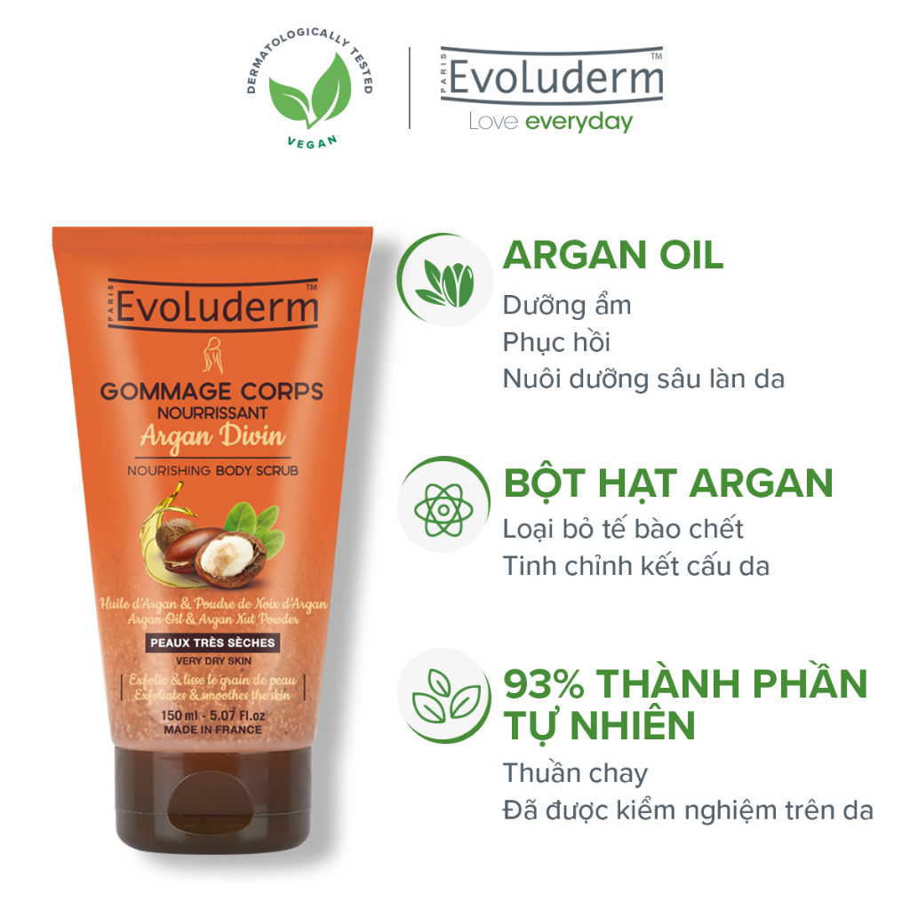 Gel tẩy tế bào chết toàn thân Evoluderm tinh chất Argan dành cho da rất khô - 150ml