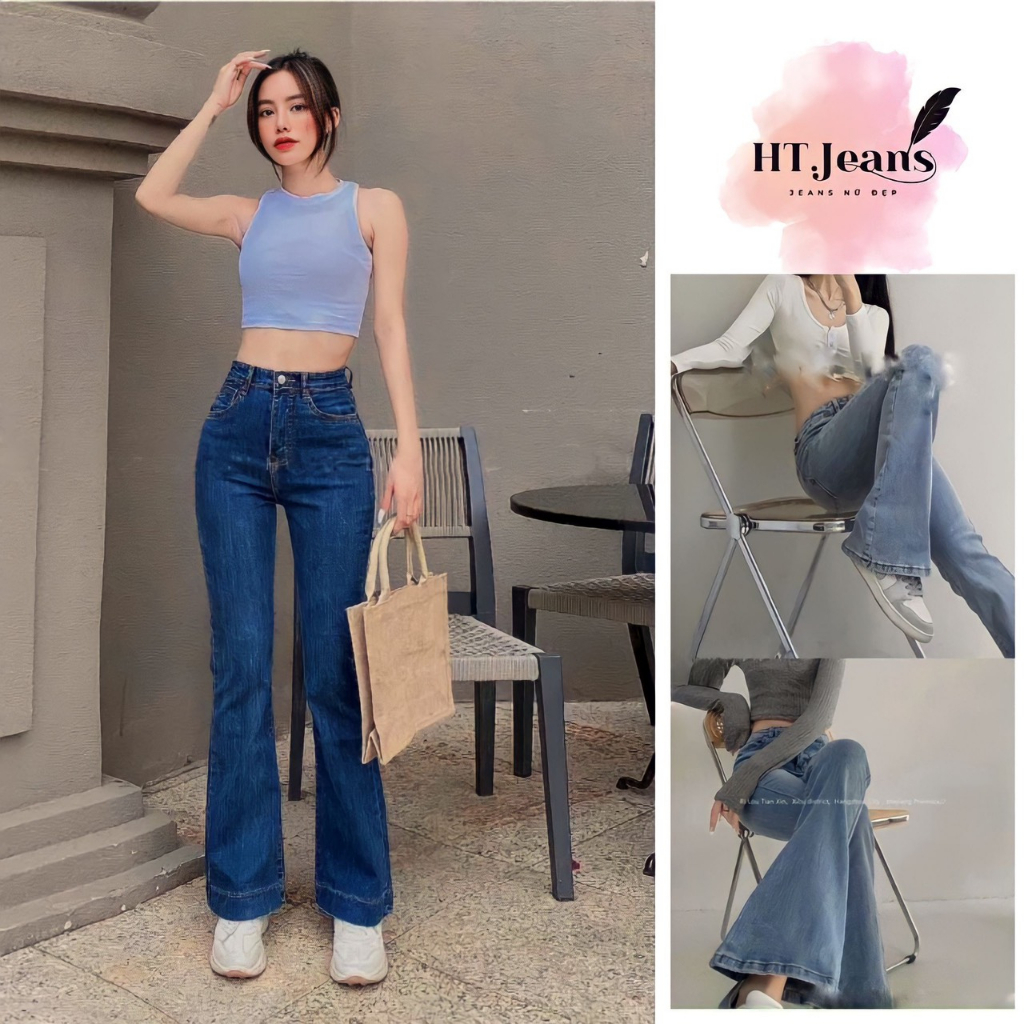 Quần jean nữ HT JEAN ống loe cạp cao màu đen trơn tôn dáng, Quần ống bass skiny co dãn 4 chiều lai cuốn