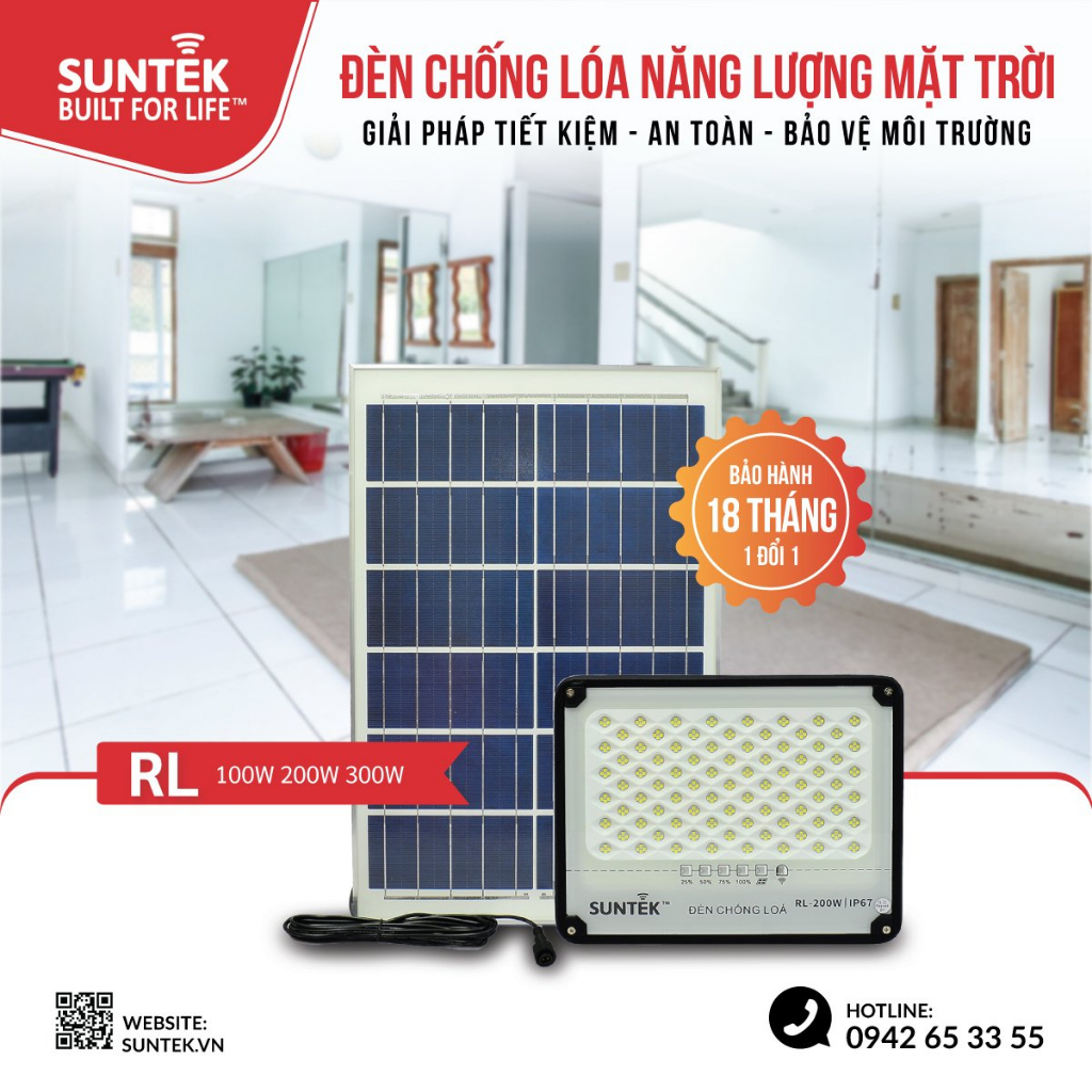 Đèn Pha Chống Lóa Năng Lượng Mặt Trời SUNTEK RL-100W-200W-300W - Sáng cả đêm 10-12h | Tự động Bật/Tắt - Hàng Chính Hãng