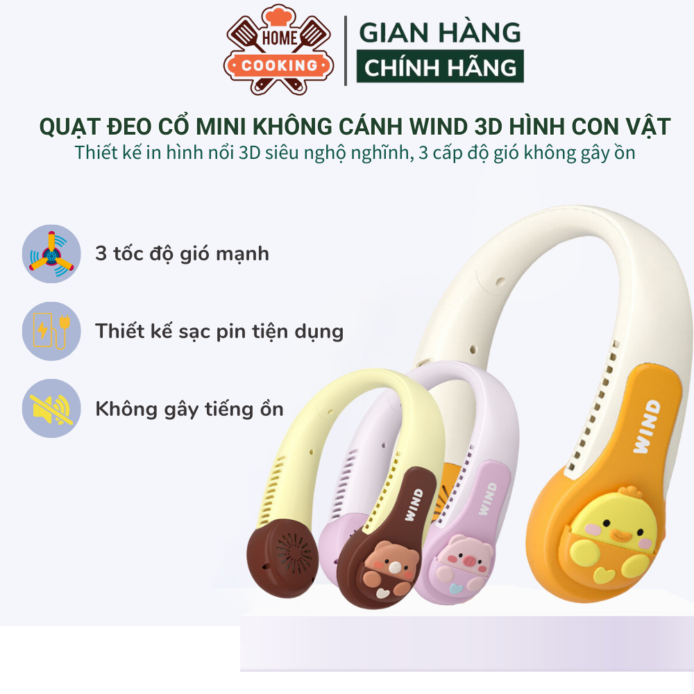 Quạt đeo cổ không cánh Wind mini, thiết kế in nổi 3D hình con vật nghộ nghĩnh, 3 cấp độ gió không ồn sạc pin tiện dụng