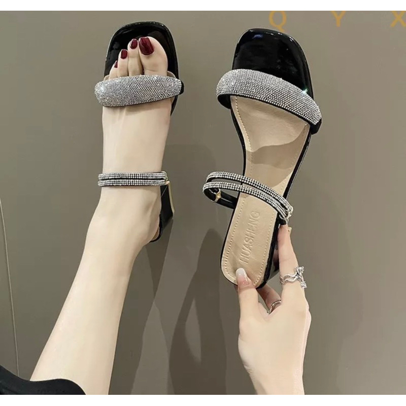 Dép sandal đế cao 5cm 2 quai ngang đính đá, Dép cao gót nữ đế vuông siêu xinh