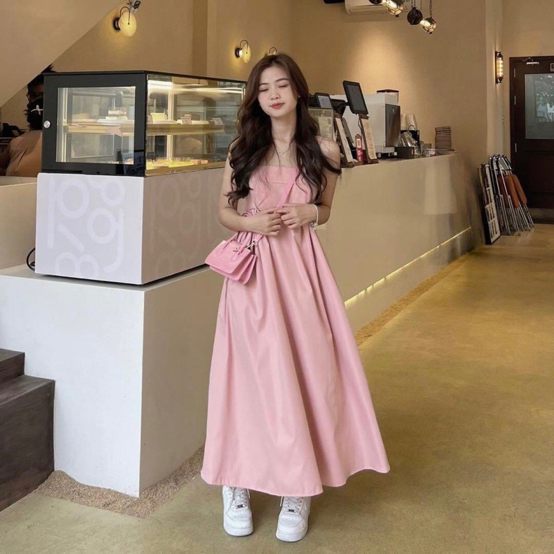 váy nữ dài, váy hai dây baby doll dáng xòe dài, chất vải thô mềm đẹp, sẵn 3 màu đen, xanh, hồng - Ngoth Store