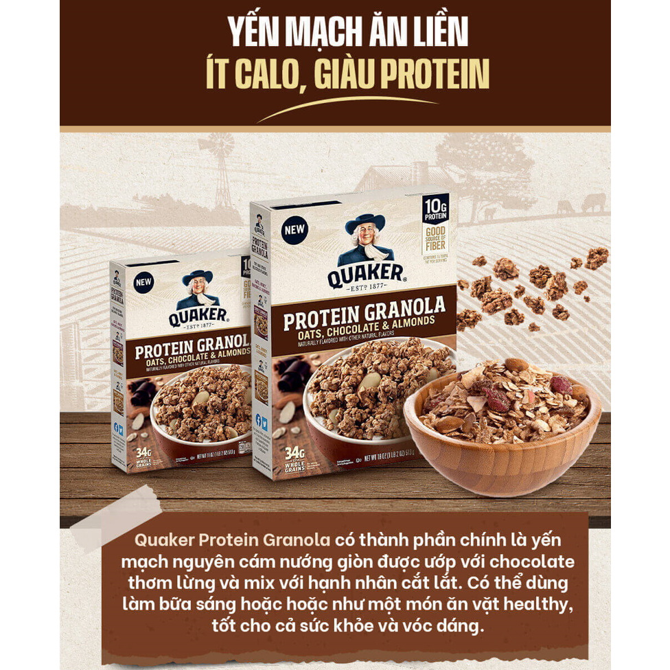 Yến mạch ăn liền Quaker Protein Granola Oats, Chocolate & Almonds 2Lbs  nhập khẩu Mỹ - Gymstore giàu protein