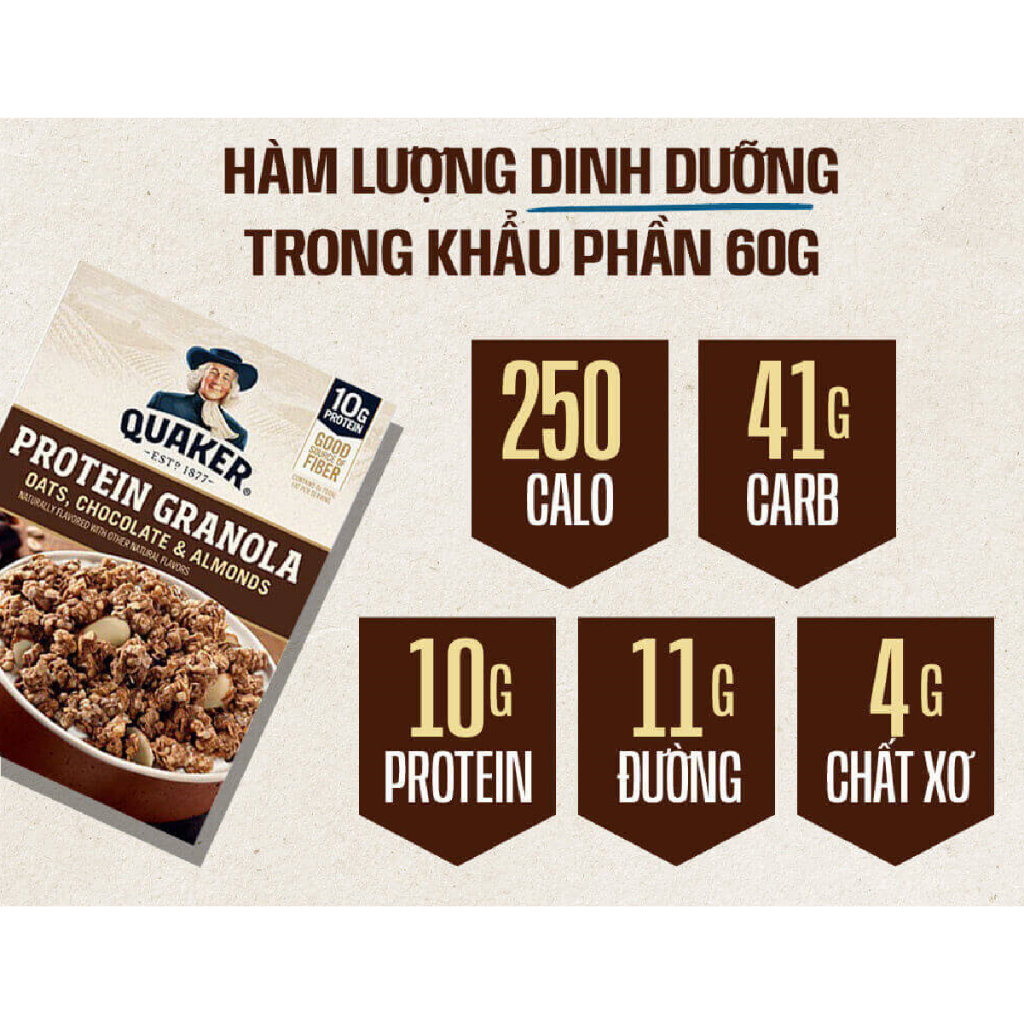Yến mạch ăn liền Quaker Protein Granola Oats, Chocolate & Almonds 2Lbs  nhập khẩu Mỹ - Gymstore giàu protein