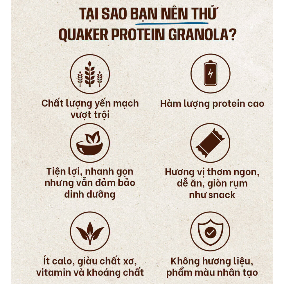 Yến mạch ăn liền Quaker Protein Granola Oats, Chocolate & Almonds 2Lbs  nhập khẩu Mỹ - Gymstore giàu protein