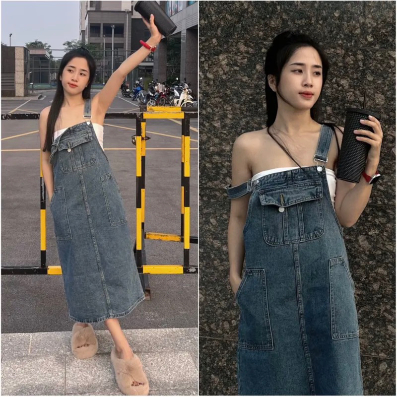 Yếm Váy Jeans Túi Vuông LETUSHOP Yếm Bò Nữ Cân Mọi Outfit