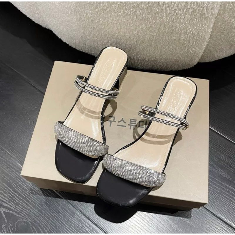 Dép sandal đế cao 5cm 2 quai ngang đính đá, Dép cao gót nữ đế vuông siêu xinh