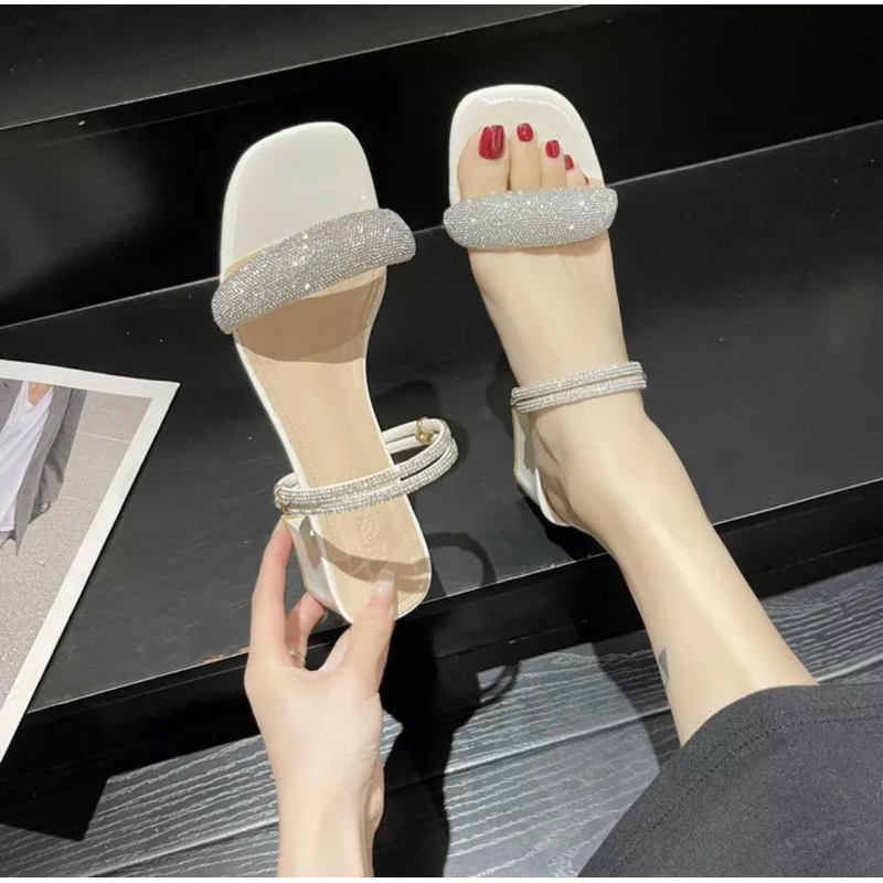 Dép sandal đế cao 5cm 2 quai ngang đính đá, Dép cao gót nữ đế vuông siêu xinh