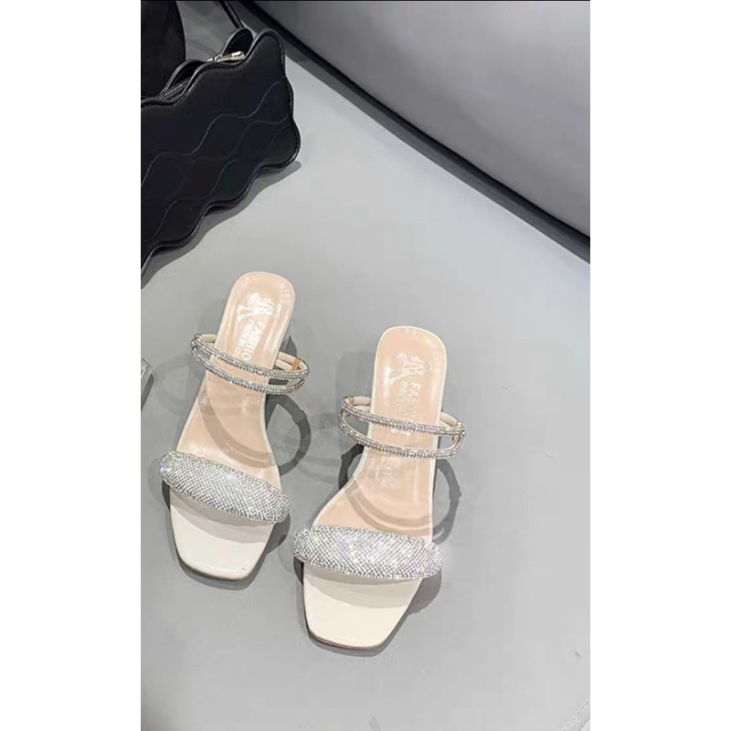 Dép sandal đế cao 5cm 2 quai ngang đính đá, Dép cao gót nữ đế vuông siêu xinh