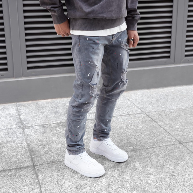 Quần jean nam cao cấp streetwear KQ30 màu xanh wash vẫy sơn rách bui bậm form slimfit chất jean co giãn, thoải mái.