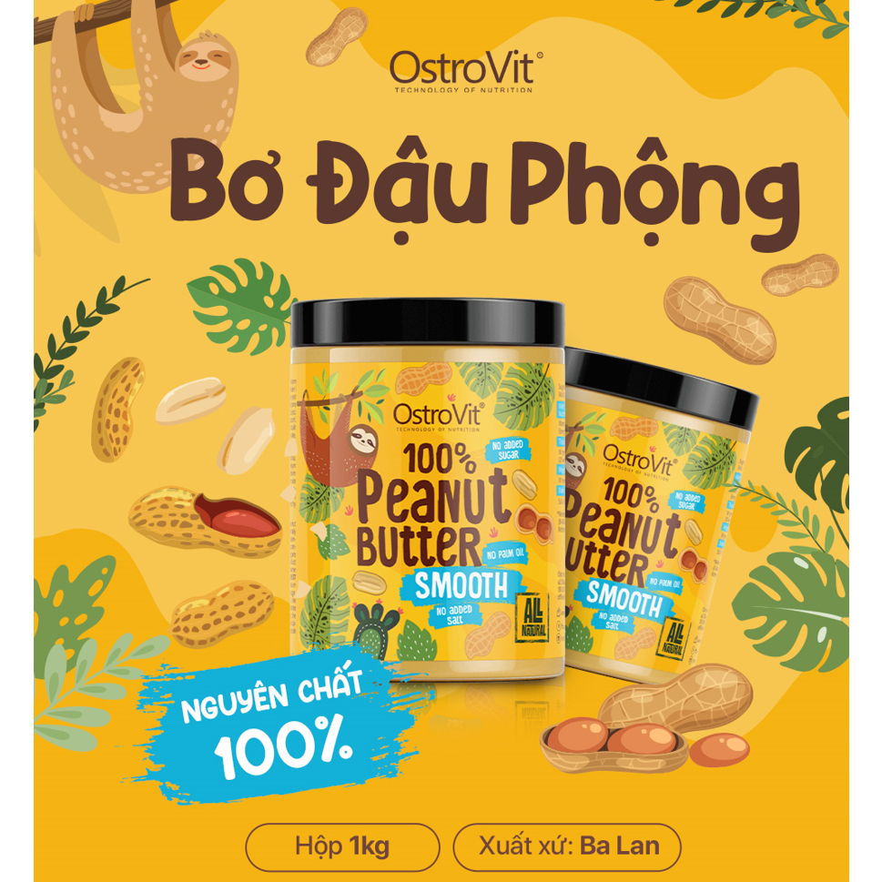 Bơ đậu phộng OstroVit Peanut Butter 100% Smooth  nhập khẩu Ba Lan giàu chất béo, protein