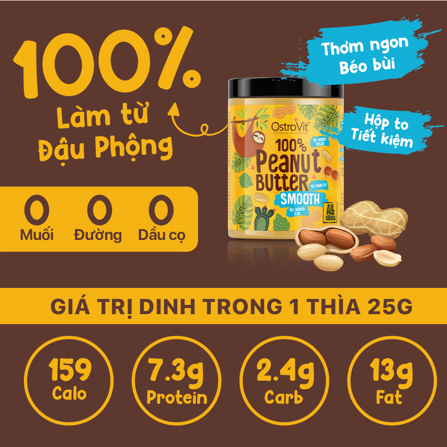 Bơ đậu phộng OstroVit Peanut Butter 100% Smooth  nhập khẩu Ba Lan giàu chất béo, protein