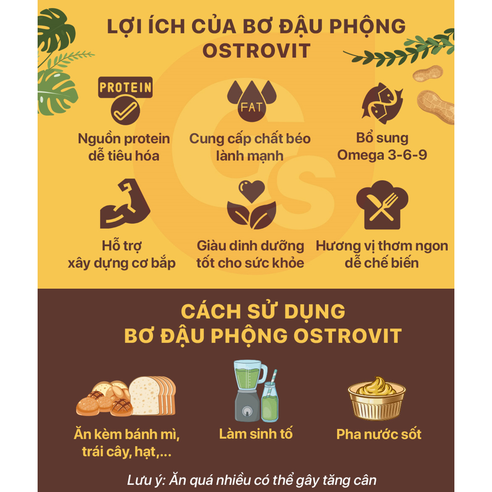 Bơ đậu phộng OstroVit Peanut Butter 100% Smooth  nhập khẩu Ba Lan giàu chất béo, protein