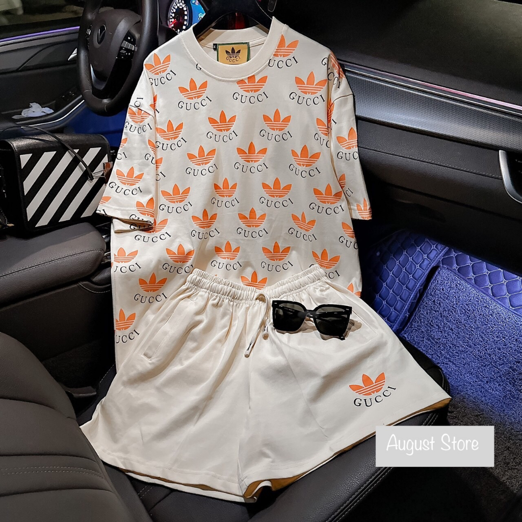 Set Bộ Thể Thao Cộc Adidas Gucci 3 Lá Cổ Bo Dáng Áo Phông Rộng Giấu Quần