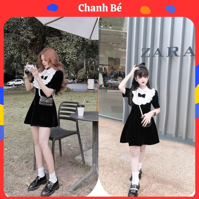 Váy nhung cổ bèo nơ ngực cho bé gái 8-28kg Chanh Bé V145