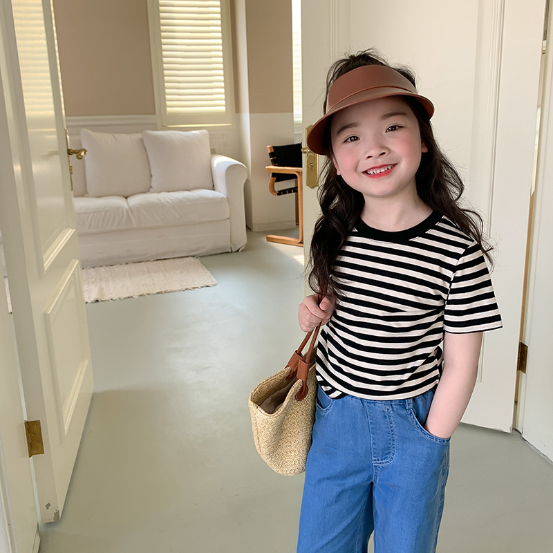 Áo thun kẻ sọc cho bé gái AMBB KIDS, ngắn tay - Áo thun cho bé gái mùa hè