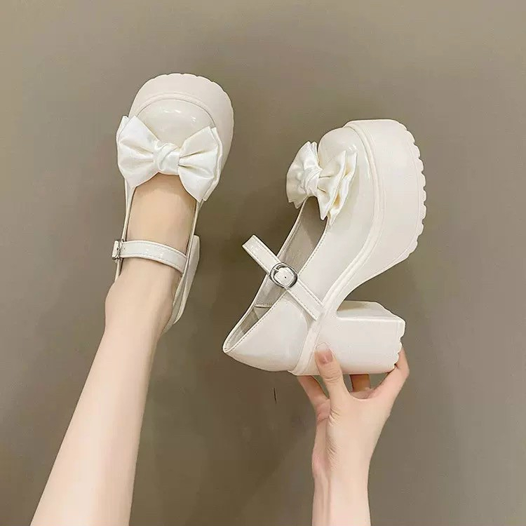 Lùi 1 size -Giày búp bê mũi tròn đế dày gót 9p , giày lolita đính nơ da bóng phong cách hàn quốc cực đẹp và êm chân