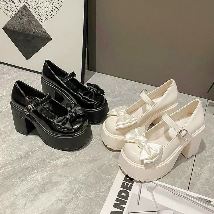 Lùi 1 size -Giày búp bê mũi tròn đế dày gót 9p , giày lolita đính nơ da bóng phong cách hàn quốc cực đẹp và êm chân