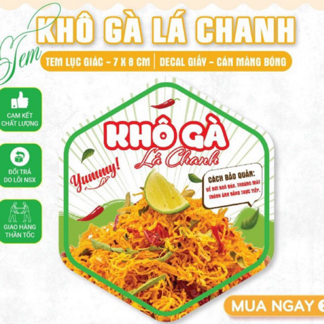Tem khô gà, Khô gà lá chanh - 7X8cm dán thân hộp xinh giá rẻ nhất Tphcm