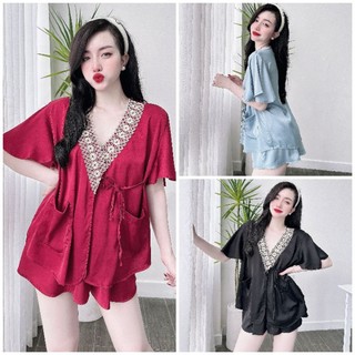 Đồ ngủ Pyjama nữ Mẫu Cột Nơ Eo Áo Có 2 Túi Tay ngắn kèm Quần đùi BIGSIZE Đồ ngủ nữ Lụa Latin Cao Cấp