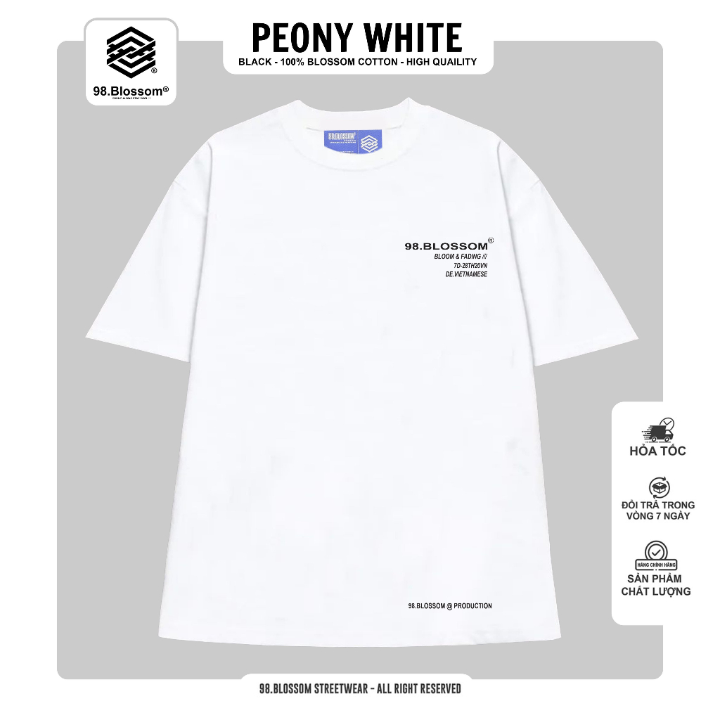 Áo Thun Unisex 98.Blossom PEONY WHITE TEE 100% Cotton - Local Brand