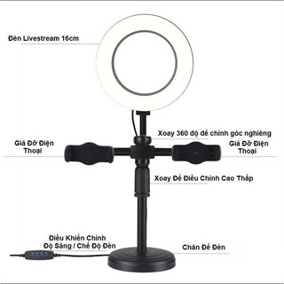 Đèn Livestream để bàn 3 trong 1 gồm 2 kẹp điện thoại và đèn Led trợ sáng