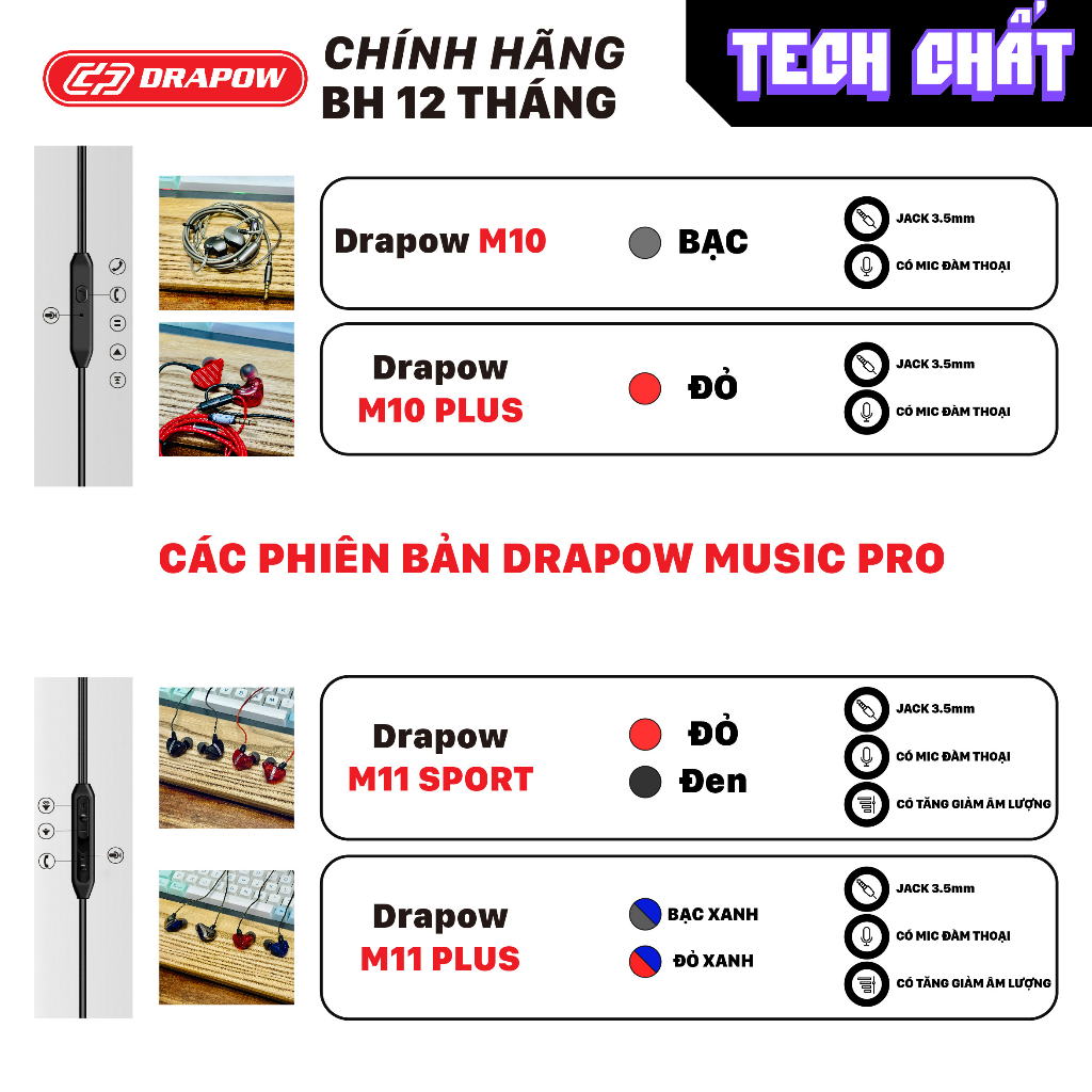 Tai nghe có dây Drapow music pro M20 M10 chính hãng nghe nhạc chuyên n