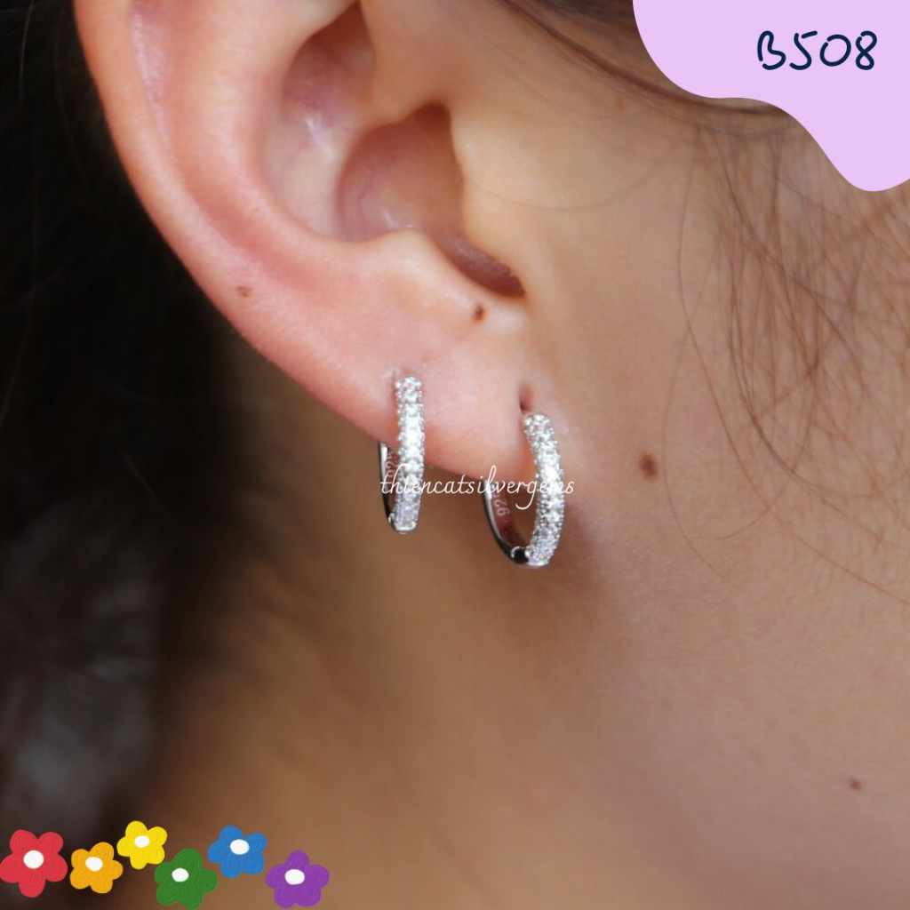B508 Bông tai khoen tròn đính đá Bạc thật Thiên Cát s950