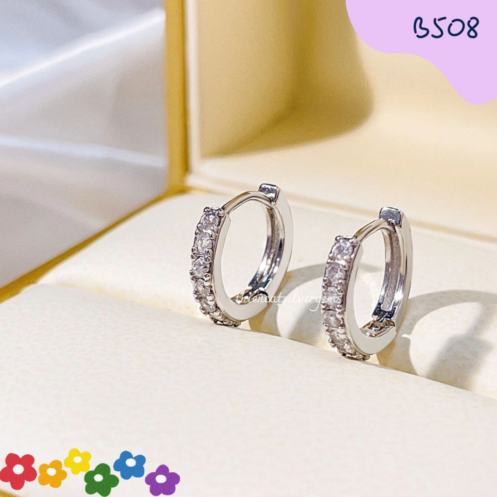B508 Bông tai khoen tròn đính đá Bạc thật Thiên Cát s950