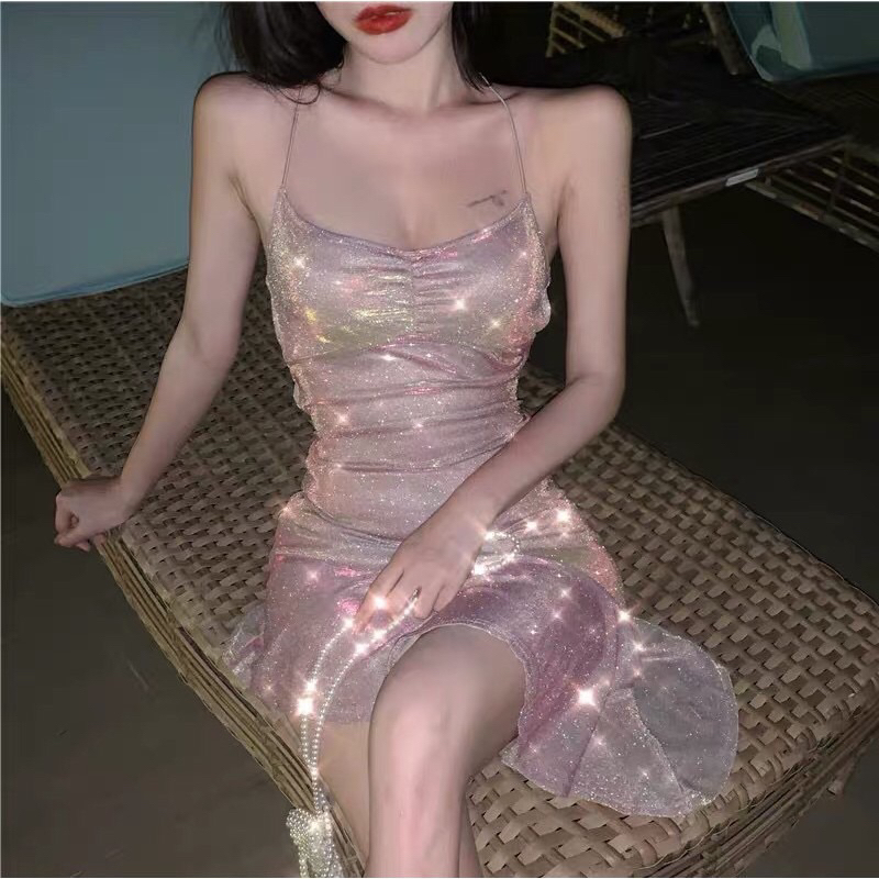 Váy đầm hở lưng 2 dây bling bling kim tuyến đuôi cá lệch tà sexy đi tiệc đi chơi du lịch
