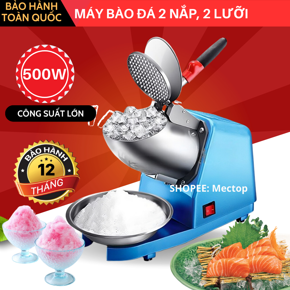 Máy xay đá bào mini làm đá tuyết tự động 2 lưỡi 2 nắp công suất 500W làm đá bào siêu mịn