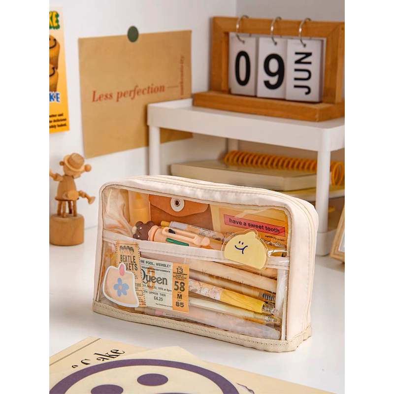 Túi Đựng Bút Trong Suốt Hàn Quốc Siêu To Hai Lớp Nhiều Ngăn Tiện Dụng