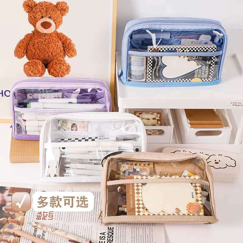 Túi Đựng Bút Trong Suốt Hàn Quốc Siêu To Hai Lớp Nhiều Ngăn Tiện Dụng