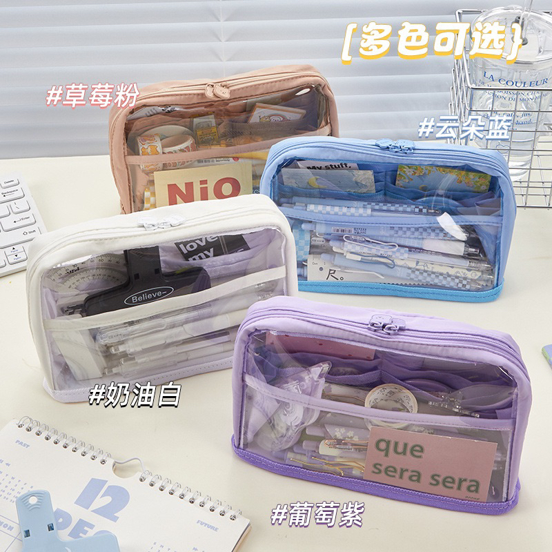 Túi Đựng Bút Trong Suốt Hàn Quốc Siêu To Hai Lớp Nhiều Ngăn Tiện Dụng