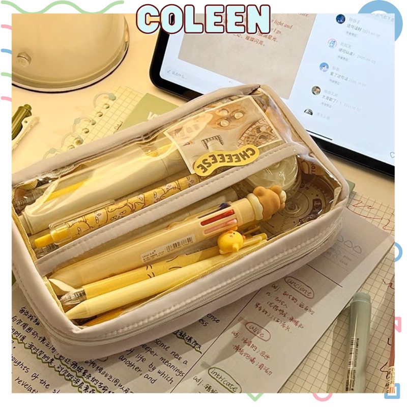 Túi Đựng Bút Trong Suốt Hàn Quốc Siêu To Hai Lớp Nhiều Ngăn Tiện Dụng