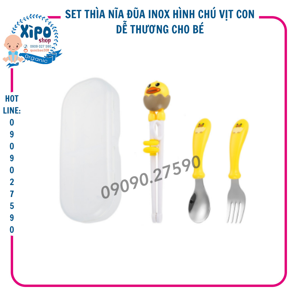 Set Thìa Nĩa Đũa Kèm Hộp Hình Chú Vịt Con Dễ Thương Cho Bé