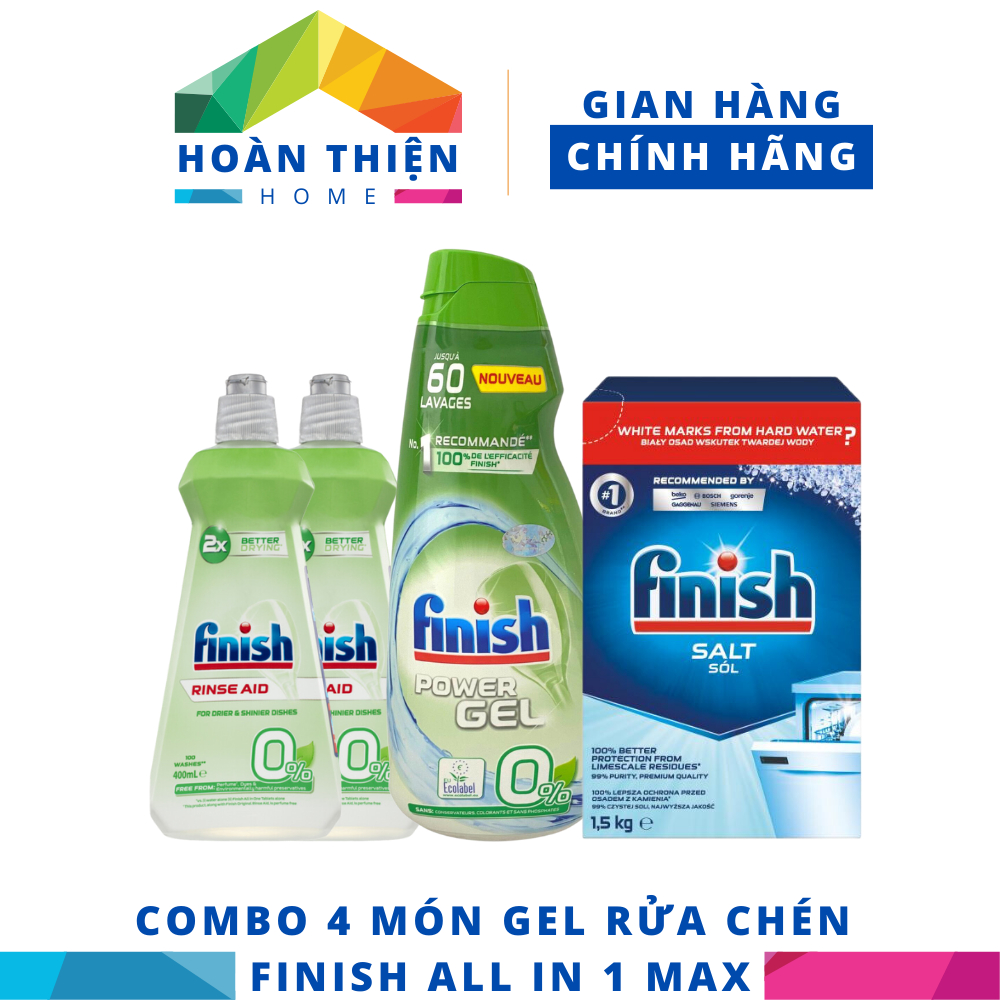 COMBO 4 món Finish Chai 900ml Gel rửa chén All in 1 Max + 2 Chai 400ml Finish (0%) + Hộp 1,5Kg muối Finish dành cho máy