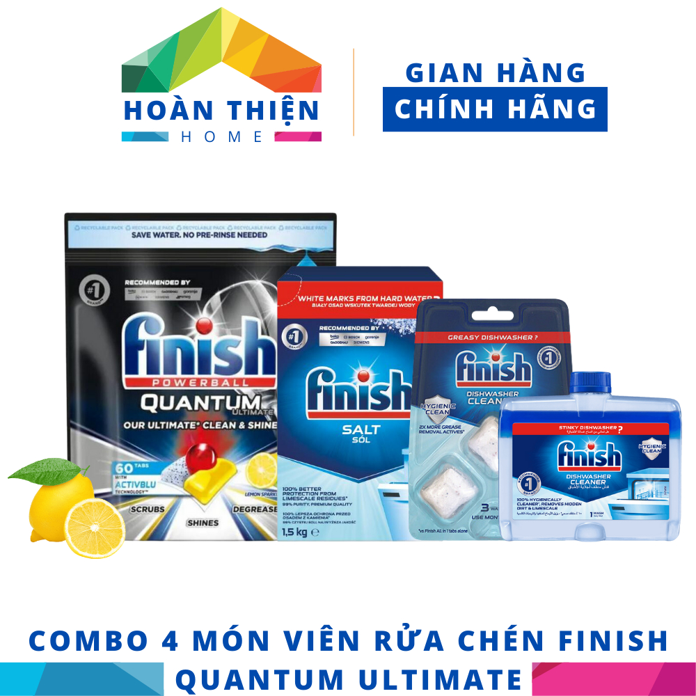 (COMBO 4 MÓN ULTIMATE) Túi 60 viên rửa chén Finish Quantum Ultimate + Hộp muối 1,5Kg + Vỉ vệ sinh + Chai vệ sinh máy