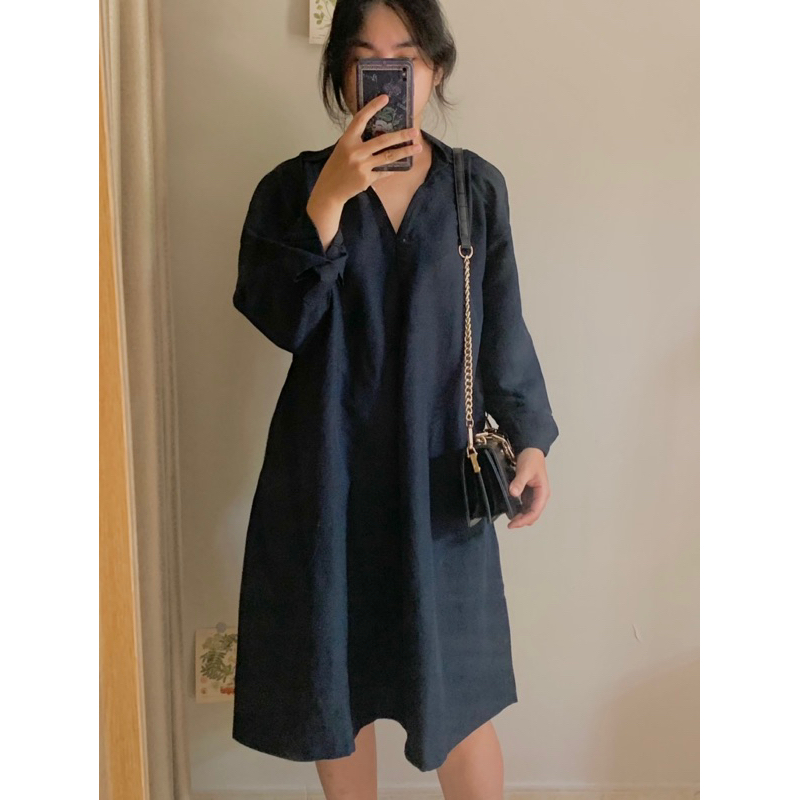 Đầm Munie, đầm sơmi lửng dáng xoè tay dài chất linen và cotton