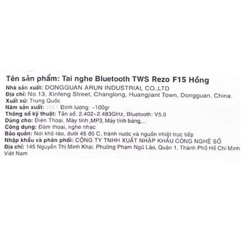 Tai nghe Bluetooth TWS Rezo F15 Trắng, Hồng