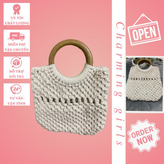 Túi xách quai gỗ đan handmade dày dặn màu ngà thanh lịch cho nữ