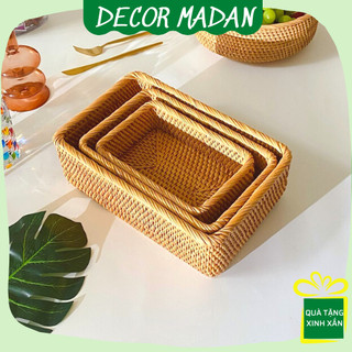 Khay mây chữ nhật đựng đồ dùng gia đình, mỹ phẩm, trái cây size 20-25-30cm - madan