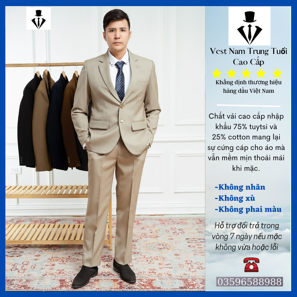Bộ Vest Nam Hồng Ngọc Trung Tuổi,Vest trung tuổi đẹp chất liệu nhập khẩu Ấn Độ ( tặng calavat )