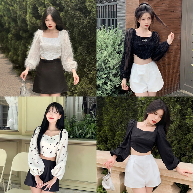 Luna Top - Áo kiểu Croptop tay bồng cổ vuông bo chun lưng có bigsize